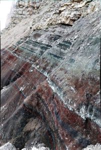 Argille e dolomiti della Formazione di Travenanzes presso Cortina d’Ampezzo. Queste rocce hanno una età di circa 230 milioni di anni, e contengono le più antiche impronte dinosauriane delle Dolomiti, e quindi d’Italia